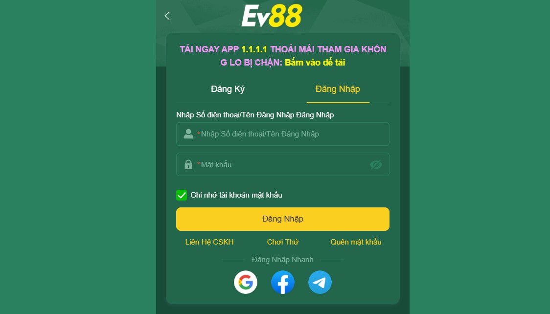 Form điền thông tin đăng nhập vào tài khoản EV88